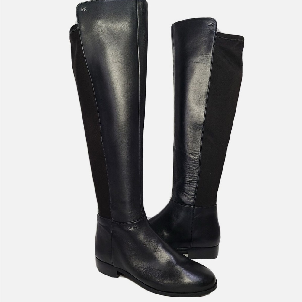 Michael Kors Black Leather & Stretch Knee-High Heeled Boots